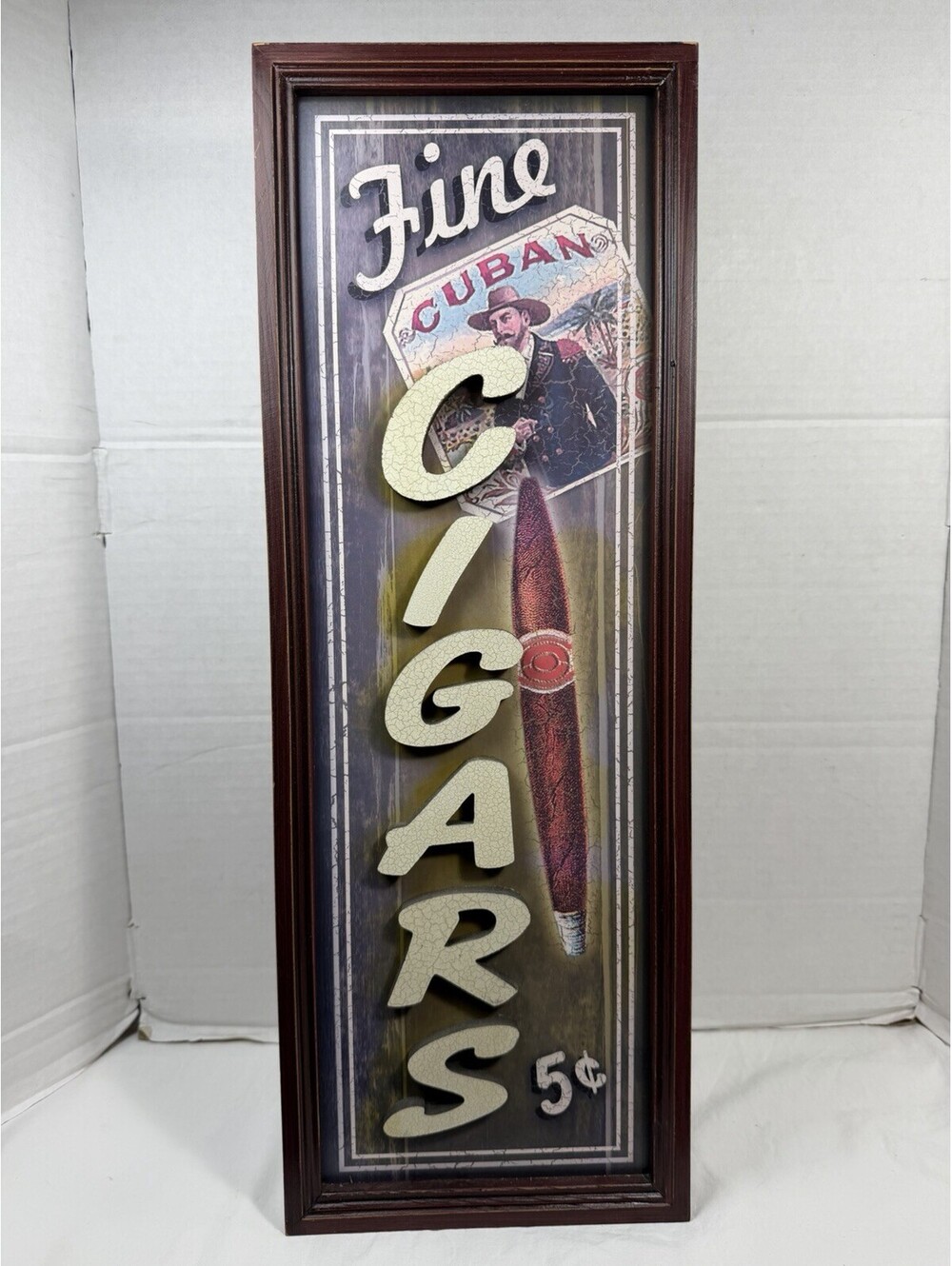 Vintage Fine Cuban Cigars 5¢ Wooden 3D Advertising Sign Framed Tobacciana Decor
